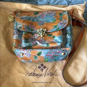 Patricia Nash Blue and Orange Floral Florence Crossbody Bag